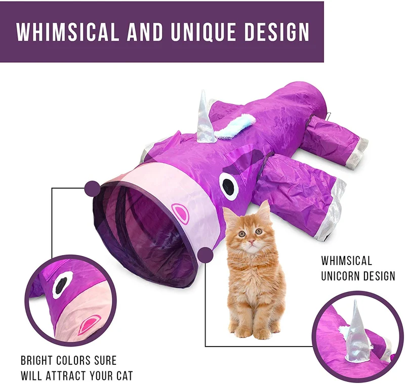 Pet Craft Supply Magic Mewnicorn - Túnel para gato con cuerda de plumas arrugadas para gatos, conejos, gatitos y perros para pasear y cazar