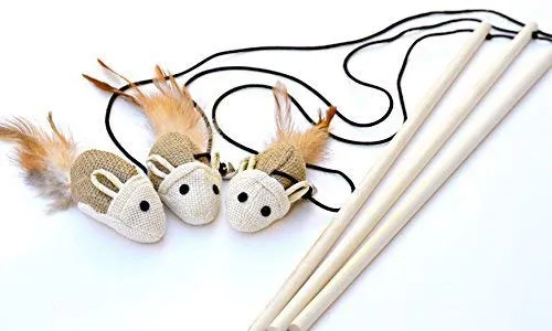 Gato gatito Juguetes, Conjunto de 3 de madera natural de Sisal Varita bromistas con mouse, Bell, pluma, elástico cadena, y resistente Rod, Awesome Soluciones de divertido, mejor Cat Catcher ratones para mascotas by Earthtone interactivo