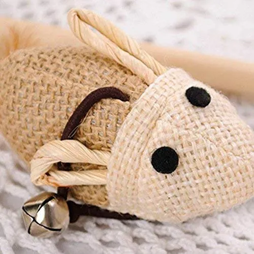 Gato gatito Juguetes, Conjunto de 3 de madera natural de Sisal Varita bromistas con mouse, Bell, pluma, elástico cadena, y resistente Rod, Awesome Soluciones de divertido, mejor Cat Catcher ratones para mascotas by Earthtone interactivo
