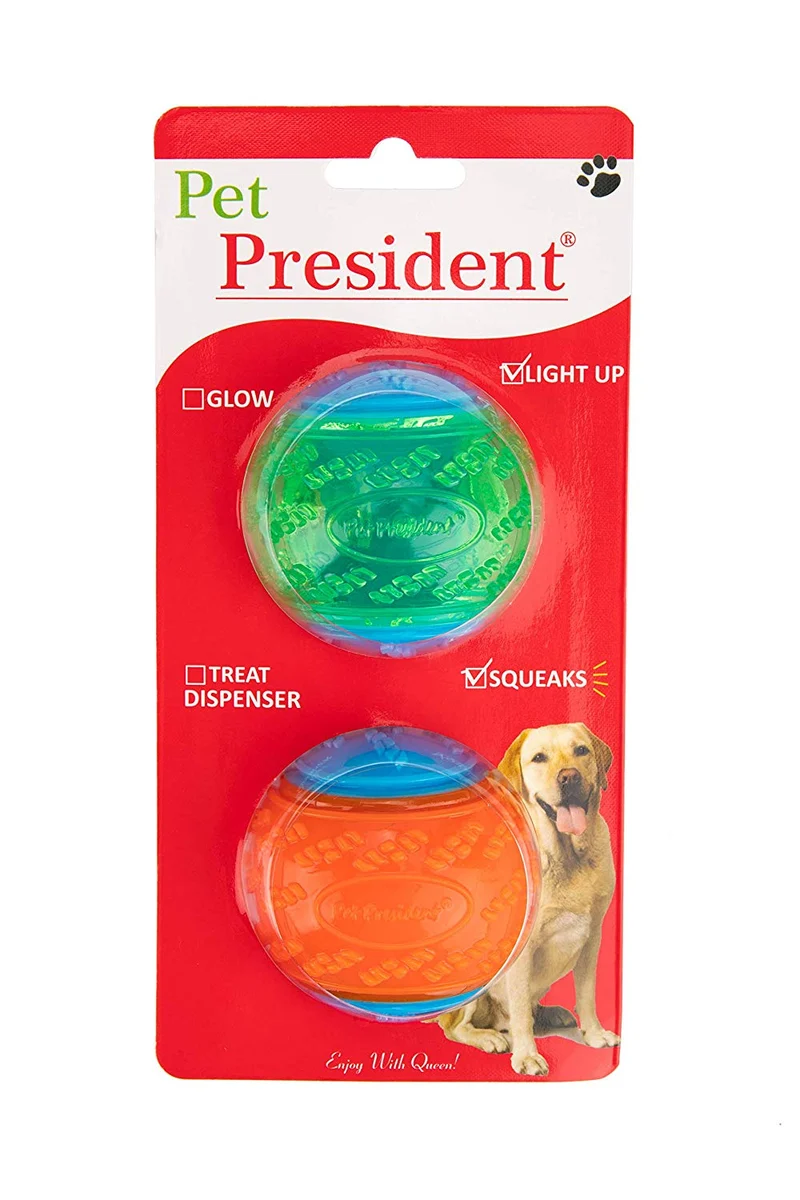 Pet President TPR LED Light Up and Squeaky 2.5 in Pet Ball Pet Supplies (2 unidades)