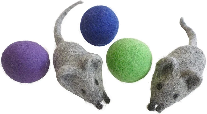 Earthtone Solutions Felt Wool Ball and Mouse Toys for Cats and Kittens, Adorable Colorful Soft Quiet Fabric Balls, Unique Handmade - for Cat Lovers, 2 Felt Mice 3 Felt Balls