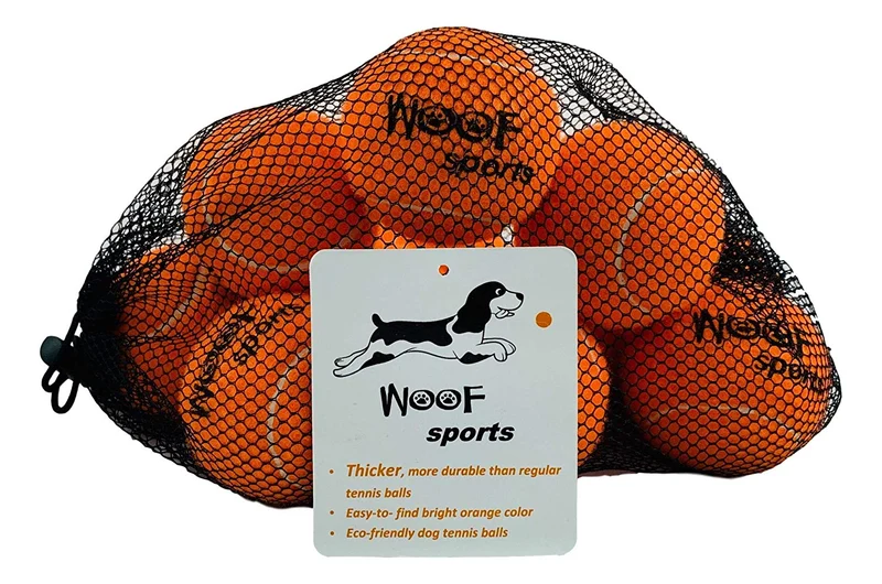 Woof Sports Pet pelotas de tenis – 12 Bolas de ecofriendly y malla bolsa. Sólo el Derecho Cantidad de rebote, easy-to-see Naranja y ideal para pelota lanzadores
