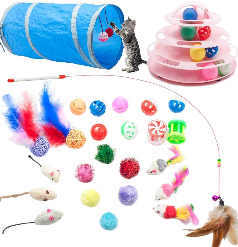 Fashion's Talk Kitten surtido de 4 niveles de torres de juguete interactivo, cepillo de aseo para gatos, pluma de gato, 2 vías de túnel, cubierta de lata de gato, cuenco de agua portátil para gato, cachorro, gatito