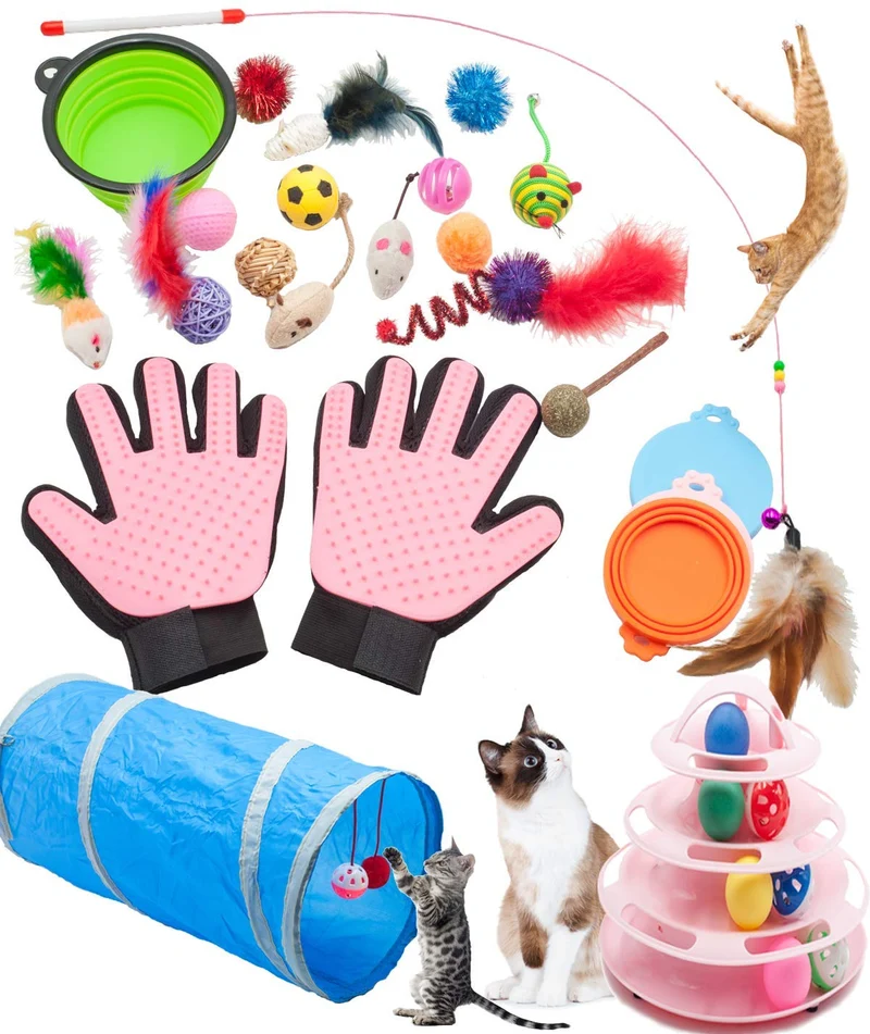 Fashion's Talk Kitten surtido de 4 niveles de torres de juguete interactivo, cepillo de aseo para gatos, pluma de gato, 2 vías de túnel, cubierta de lata de gato, cuenco de agua portátil para gato, cachorro, gatito