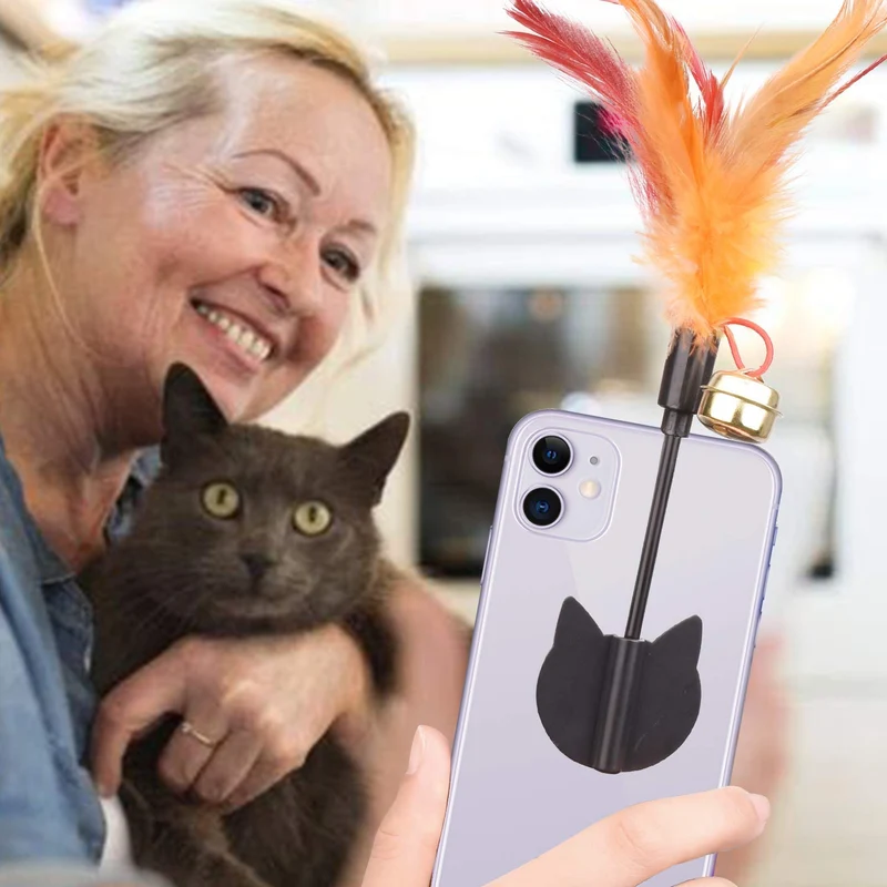 Yisilin Selfie Cat, gato selfie stick con divertido pluma Teaser para atraer la atención de gato, reutilizable y extraíble, libre de daños, compatible con todos los modelos de iPhone Sumsung Google Huawei Smartphone Tablet