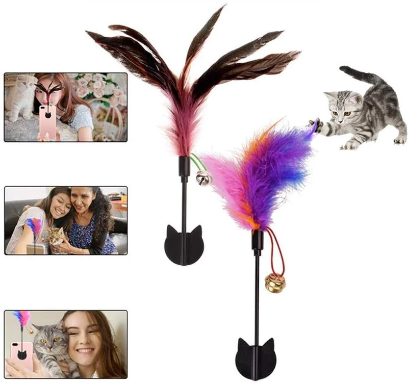 Yisilin Selfie Cat, gato selfie stick con divertido pluma Teaser para atraer la atención de gato, reutilizable y extraíble, libre de daños, compatible con todos los modelos de iPhone Sumsung Google Huawei Smartphone Tablet
