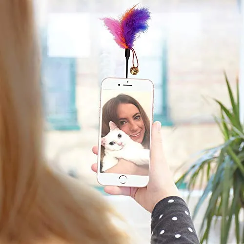 Yisilin Selfie Cat, gato selfie stick con divertido pluma Teaser para atraer la atención de gato, reutilizable y extraíble, libre de daños, compatible con todos los modelos de iPhone Sumsung Google Huawei Smartphone Tablet