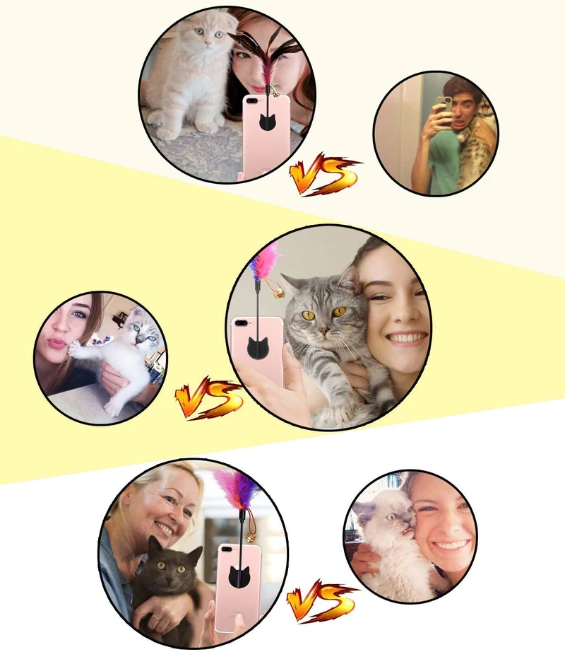 Yisilin Selfie Cat, gato selfie stick con divertido pluma Teaser para atraer la atención de gato, reutilizable y extraíble, libre de daños, compatible con todos los modelos de iPhone Sumsung Google Huawei Smartphone Tablet