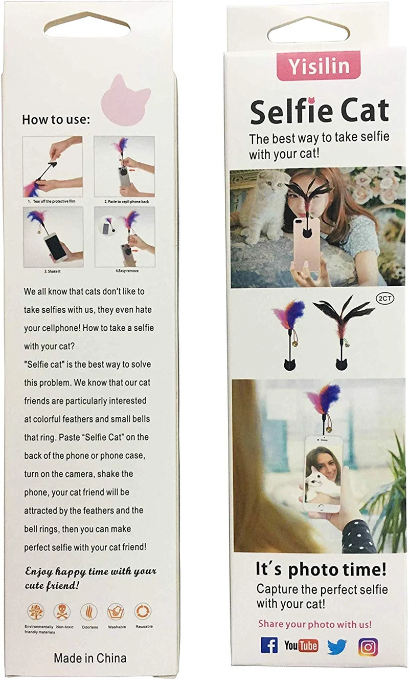 Yisilin Selfie Cat, gato selfie stick con divertido pluma Teaser para atraer la atención de gato, reutilizable y extraíble, libre de daños, compatible con todos los modelos de iPhone Sumsung Google Huawei Smartphone Tablet