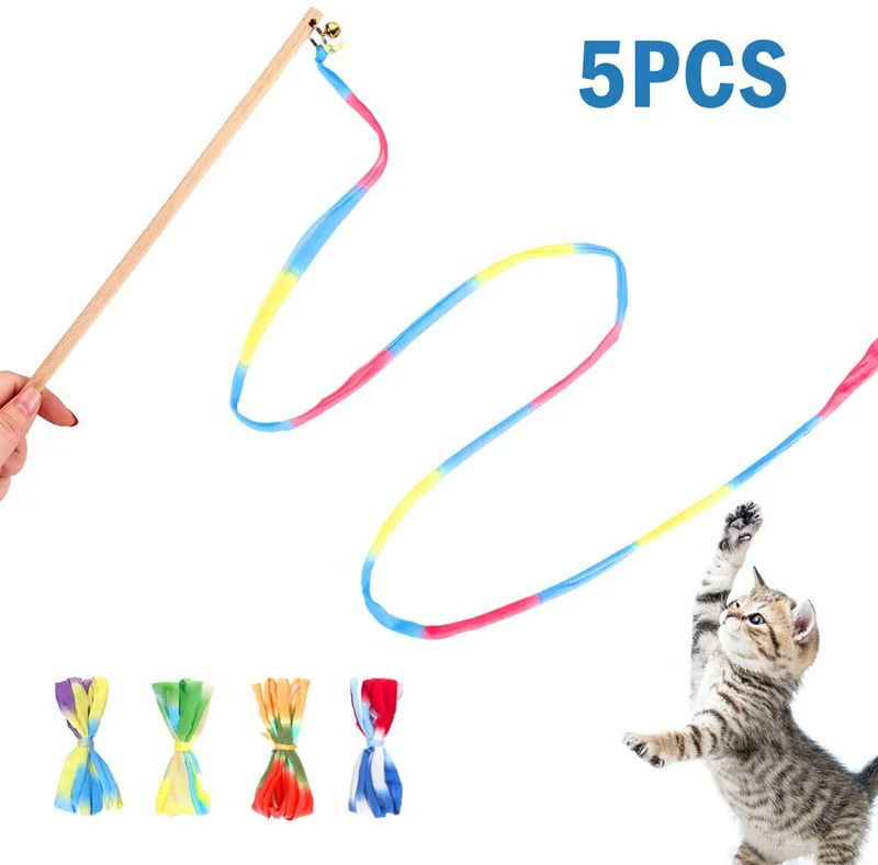 Interactive Cat Toys Rainbow Cat Charmer with Bell, Replaceable Wood Cat Wand with 5PCS Colorful Fabric Ribbon Refills, Safe Cat Catcher Teaser Stick Toy for Kittens Training Pets Exerciser