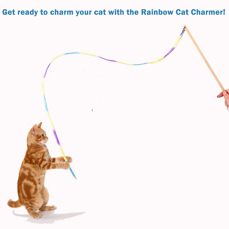 Interactive Cat Toys Rainbow Cat Charmer with Bell, Replaceable Wood Cat Wand with 5PCS Colorful Fabric Ribbon Refills, Safe Cat Catcher Teaser Stick Toy for Kittens Training Pets Exerciser