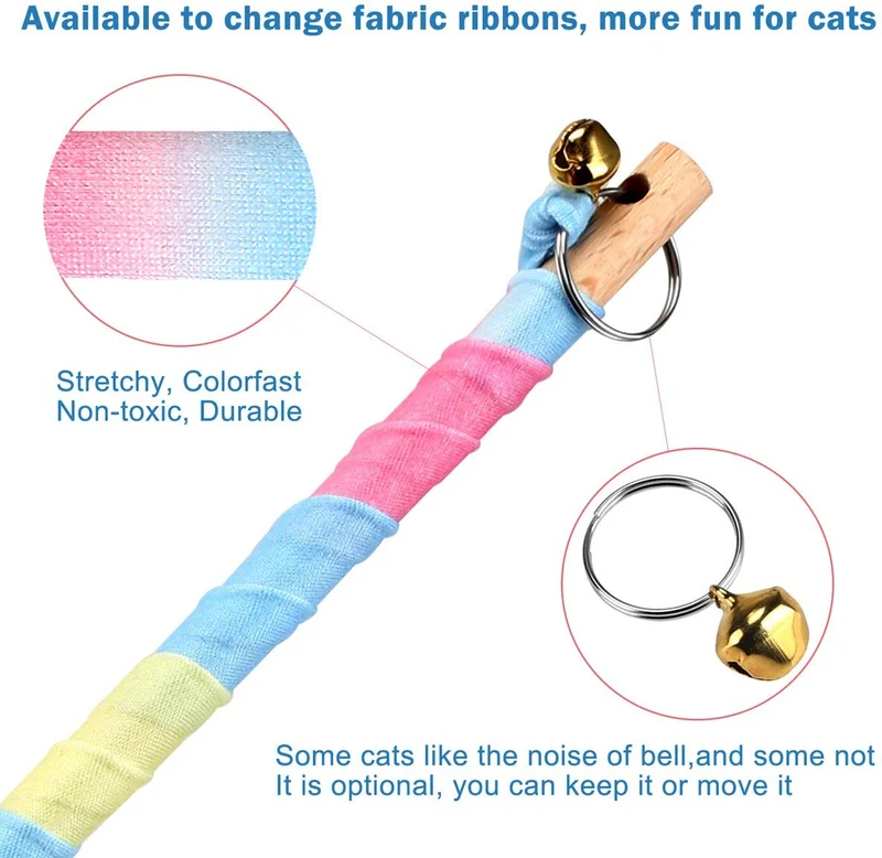 Interactive Cat Toys Rainbow Cat Charmer with Bell, Replaceable Wood Cat Wand with 5PCS Colorful Fabric Ribbon Refills, Safe Cat Catcher Teaser Stick Toy for Kittens Training Pets Exerciser