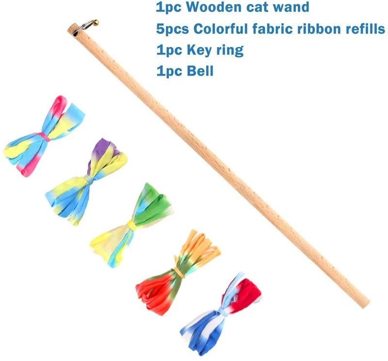 Interactive Cat Toys Rainbow Cat Charmer with Bell, Replaceable Wood Cat Wand with 5PCS Colorful Fabric Ribbon Refills, Safe Cat Catcher Teaser Stick Toy for Kittens Training Pets Exerciser