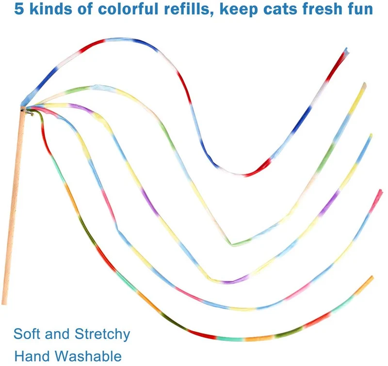 Interactive Cat Toys Rainbow Cat Charmer with Bell, Replaceable Wood Cat Wand with 5PCS Colorful Fabric Ribbon Refills, Safe Cat Catcher Teaser Stick Toy for Kittens Training Pets Exerciser