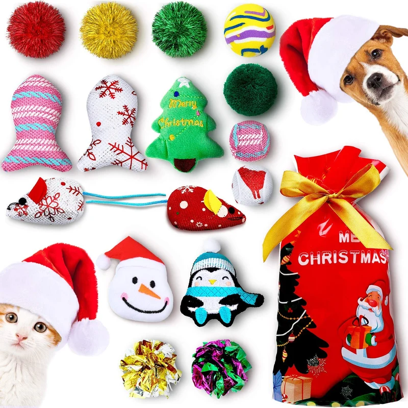 Gejoy - 16 juguetes de Navidad para gatos y perros, regalo con coloridas bolas arrugadas, forma de ratón, almohada y patrones de campana, almacenados en la bolsa