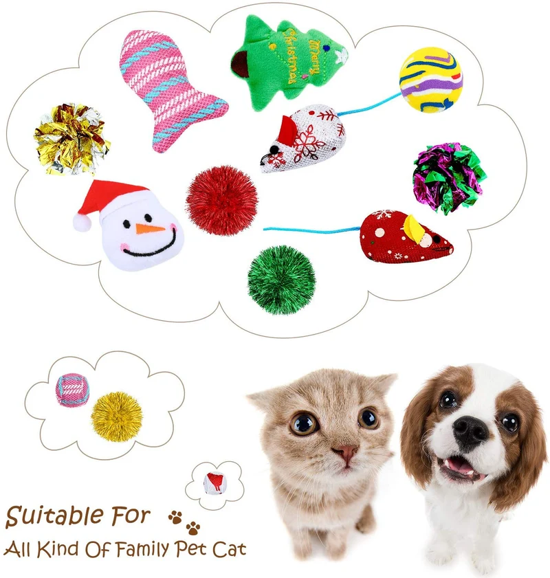 Gejoy - 16 juguetes de Navidad para gatos y perros, regalo con coloridas bolas arrugadas, forma de ratón, almohada y patrones de campana, almacenados en la bolsa