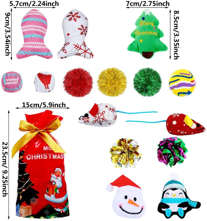 Gejoy - 16 juguetes de Navidad para gatos y perros, regalo con coloridas bolas arrugadas, forma de ratón, almohada y patrones de campana, almacenados en la bolsa