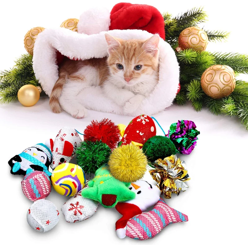 Gejoy - 16 juguetes de Navidad para gatos y perros, regalo con coloridas bolas arrugadas, forma de ratón, almohada y patrones de campana, almacenados en la bolsa
