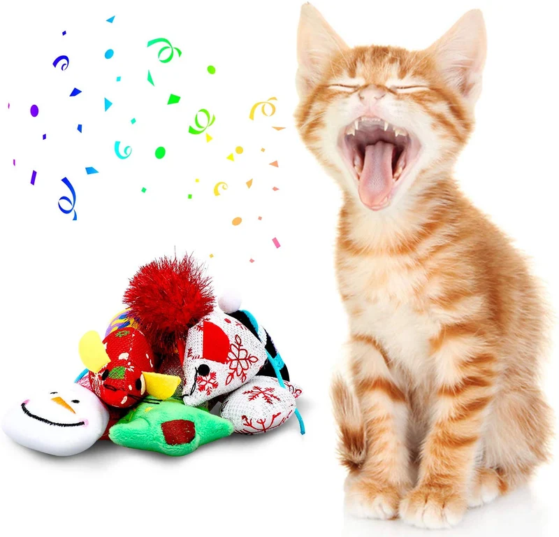 Gejoy - 16 juguetes de Navidad para gatos y perros, regalo con coloridas bolas arrugadas, forma de ratón, almohada y patrones de campana, almacenados en la bolsa