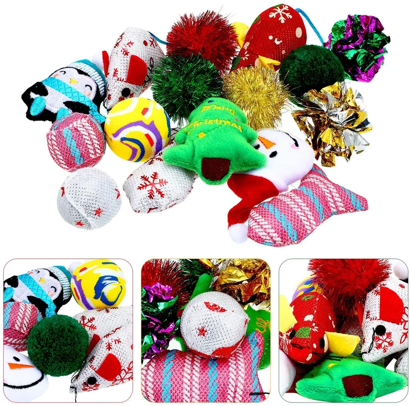 Gejoy - 16 juguetes de Navidad para gatos y perros, regalo con coloridas bolas arrugadas, forma de ratón, almohada y patrones de campana, almacenados en la bolsa