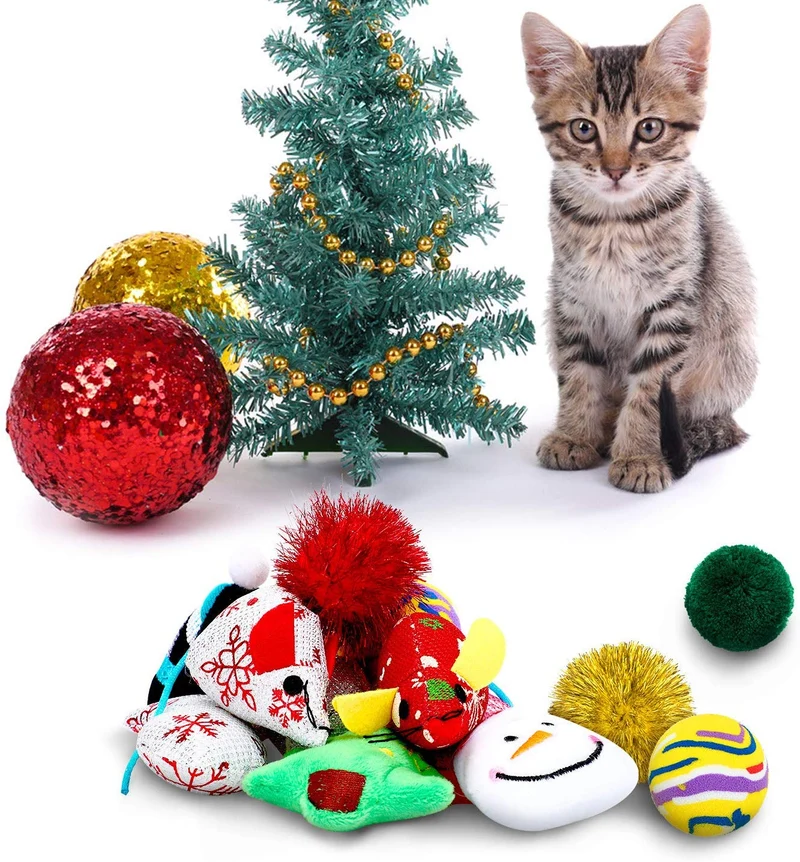 Gejoy - 16 juguetes de Navidad para gatos y perros, regalo con coloridas bolas arrugadas, forma de ratón, almohada y patrones de campana, almacenados en la bolsa