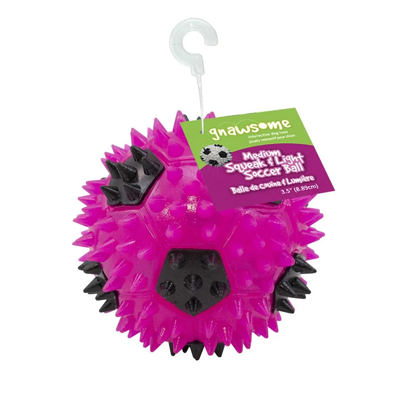 Gnawsome 3.5” Squeak & Light Soccer Ball Dog Toy - Medium, Cleans Teeth and Promotes Dental and Gum Health for Your Pet, Colors Will Vary