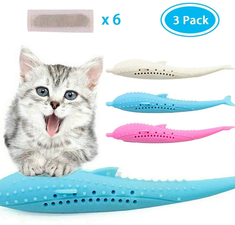 Eutreec - Juguetes para gatos interactivos, forma de pez gato, cepillo de dientes rellenable, silicio de peces, dientes de silicona, suministros para masticar mascotas, para gatitos y gatos