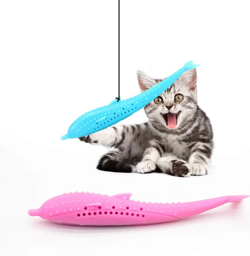 Eutreec - Juguetes para gatos interactivos, forma de pez gato, cepillo de dientes rellenable, silicio de peces, dientes de silicona, suministros para masticar mascotas, para gatitos y gatos