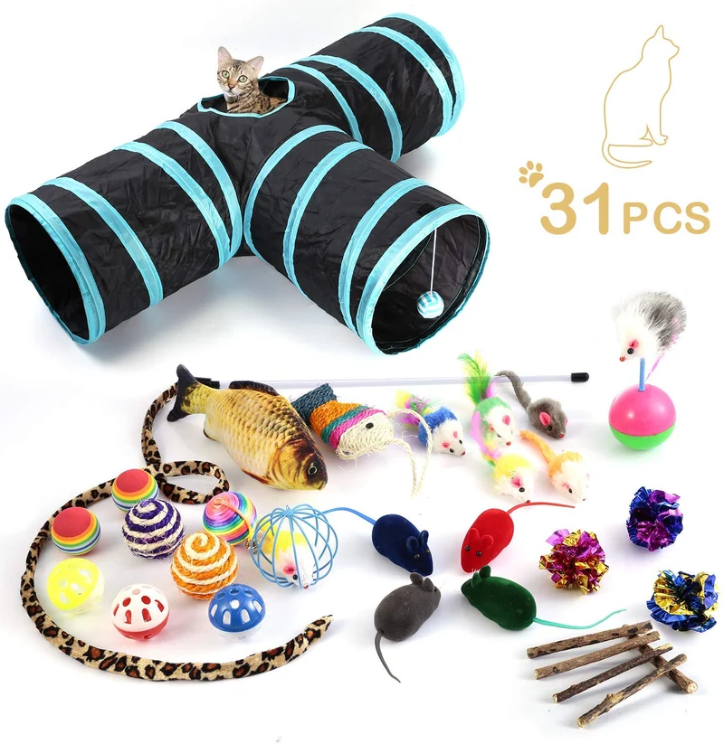 Juguetes para gatos, 31 unidades, surtidos, túnel de 3 vías, medidor de plumas interactivo, pez gato, palitos de masticar, ratones, bolas y campanas, súper divertido para cachorros, gatitos, conejos