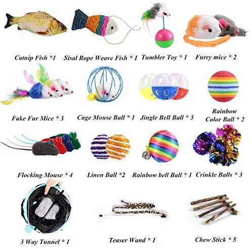 Juguetes para gatos, 31 unidades, surtidos, túnel de 3 vías, medidor de plumas interactivo, pez gato, palitos de masticar, ratones, bolas y campanas, súper divertido para cachorros, gatitos, conejos