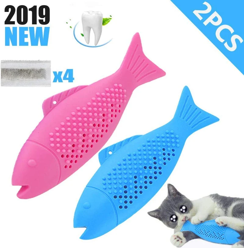 Dillitop Catnip Juguetes para gatos, juguete interactivo de goma natural con forma de pez para gatos, eficaz para limpiar los dientes de gato, cuidado dental, palillo para masticar para mascotas, gatos, 2 unidades