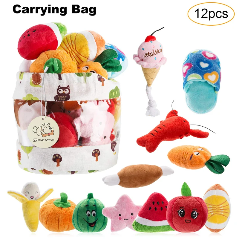 Nocciola - Juguetes de peluche, 12 unidades, para perros pequeños, medianos, juguetes para mascotas, juguetes chirriantes, juegos de peluche, bolsa de transporte