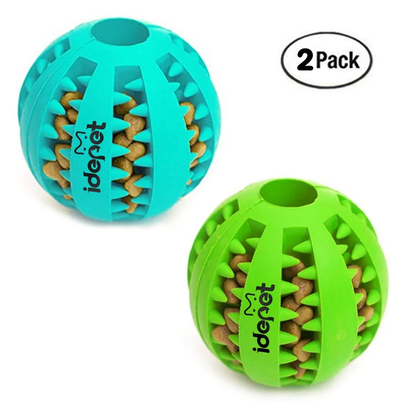 Idepet Pelota de juguete para perro, no tóxica, resistente a mordidas, pelota de juguete para mascotas, perros, cachorros, gatos, alimentador de comida para mascotas, masticar, limpieza de dientes, juego de pelotas de ejercicio, 2 unidades, azul y verde