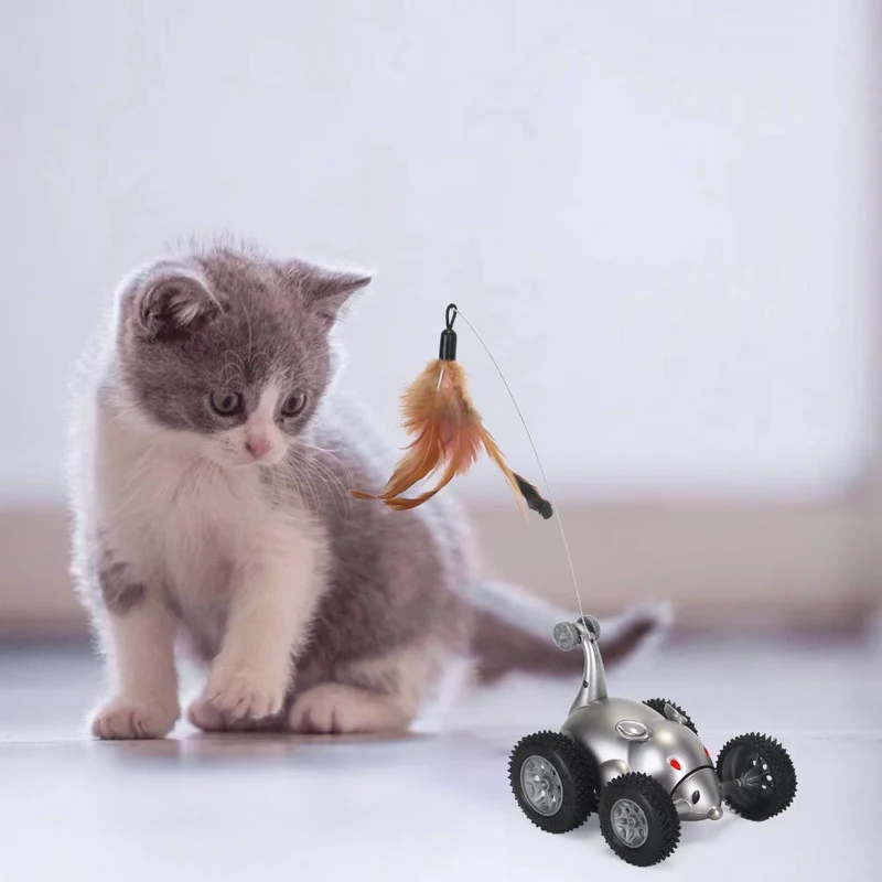 Juguete de plumas de gato SlowTon, forma de ratón, movimiento interactivo, automático, rata robótica, sonido, para gatitos, estimulación de instintos de caza de gatos, regalos divertidos para mascotas (no incluye batería)