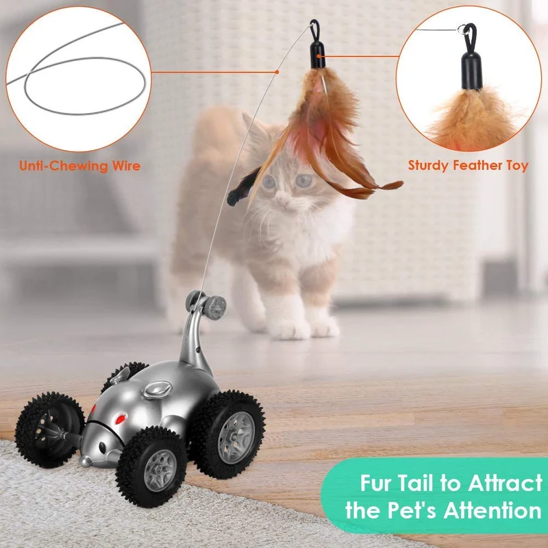 Juguete de plumas de gato SlowTon, forma de ratón, movimiento interactivo, automático, rata robótica, sonido, para gatitos, estimulación de instintos de caza de gatos, regalos divertidos para mascotas (no incluye batería)