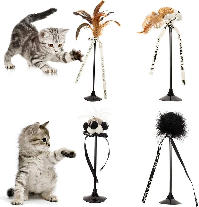 Bingpet - Varitas interactivas para gatos con ventosa y campana (4 unidades, plumas de gato, juguetes para ratón)