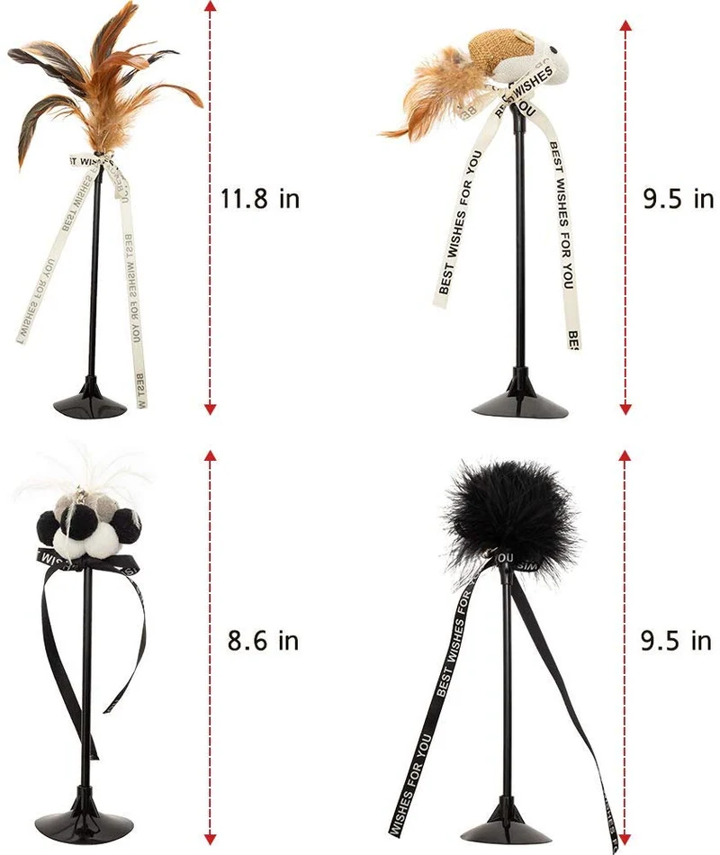 Bingpet - Varitas interactivas para gatos con ventosa y campana (4 unidades, plumas de gato, juguetes para ratón)