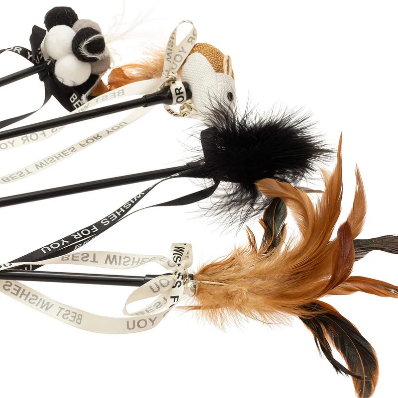 Bingpet - Varitas interactivas para gatos con ventosa y campana (4 unidades, plumas de gato, juguetes para ratón)