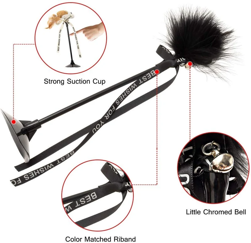 Bingpet - Varitas interactivas para gatos con ventosa y campana (4 unidades, plumas de gato, juguetes para ratón)