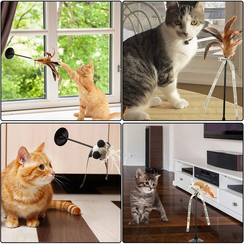 Bingpet - Varitas interactivas para gatos con ventosa y campana (4 unidades, plumas de gato, juguetes para ratón)