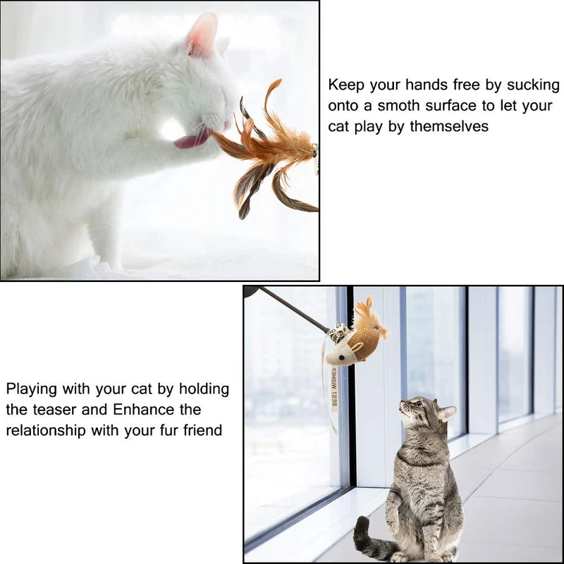 Bingpet - Varitas interactivas para gatos con ventosa y campana (4 unidades, plumas de gato, juguetes para ratón)