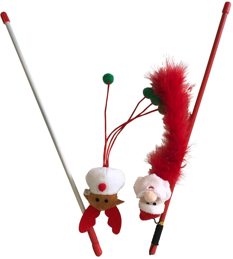 Midlee Santa and Reindeer Christmas Cat Toy Wands- 2 Pack