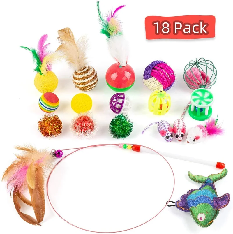 Cossy - Juego de 18 juguetes para gatos, incluye mordedor de plumas de gato, varita interactiva, ratón esponjoso, bolas arrugadas para gato, cachorro, gatito y gatito