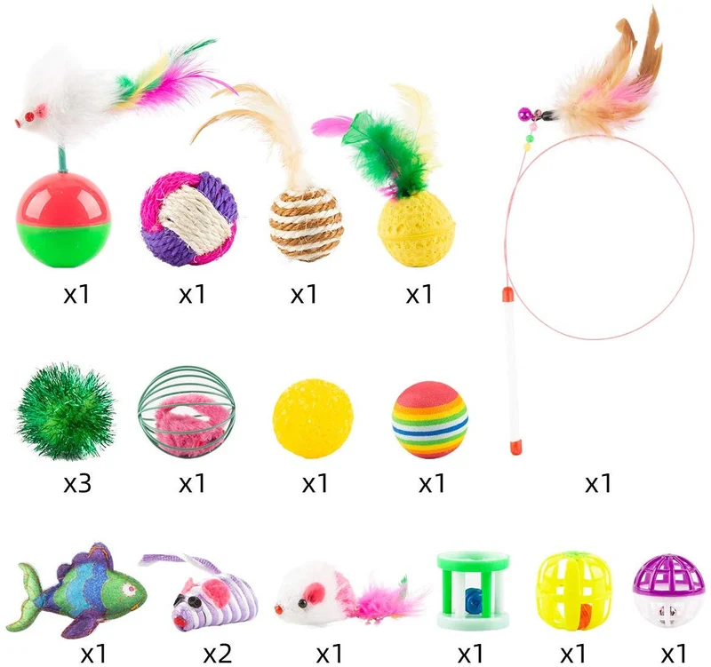 Cossy - Juego de 18 juguetes para gatos, incluye mordedor de plumas de gato, varita interactiva, ratón esponjoso, bolas arrugadas para gato, cachorro, gatito y gatito