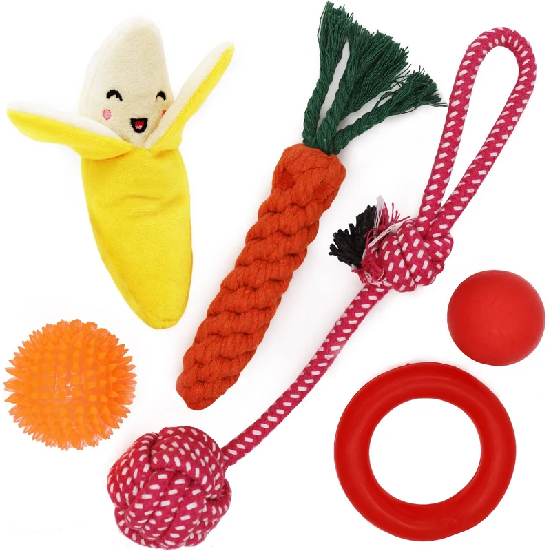 Conjunto de juguetes para perro pequeño, paquete de 6, balón, cuerda y juguetes para masticar para cachorro
