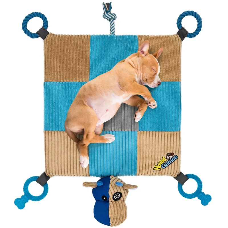 HOUNDGAMES Alfombra de juguete para cachorros con juguetes para masticar (20" x 20") – Cuerdas, nariz chirriante, felpa acolchada colchoneta de dormir – Duradero y lavable a máquina – Comodidad y diversión, todo en uno