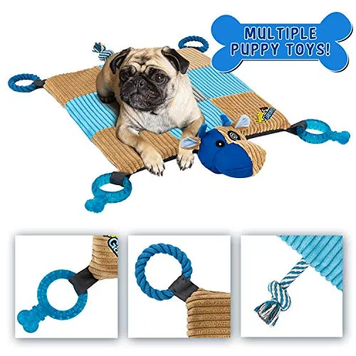 HOUNDGAMES Alfombra de juguete para cachorros con juguetes para masticar (20" x 20") – Cuerdas, nariz chirriante, felpa acolchada colchoneta de dormir – Duradero y lavable a máquina – Comodidad y diversión, todo en uno