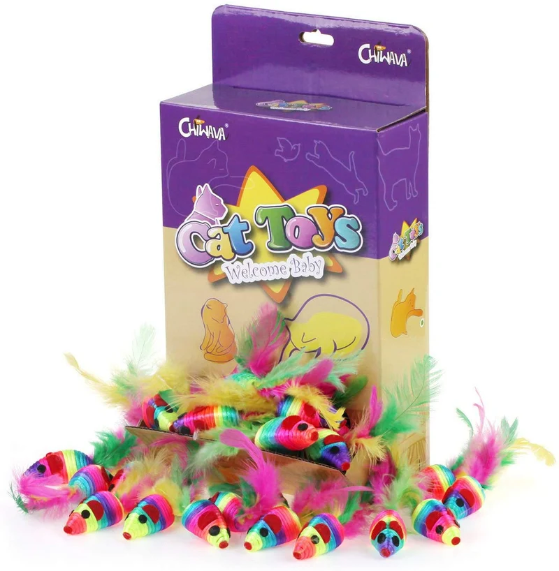 Chiwava - Juego de juguetes interactivos para gatos de juguete de 5 pulgadas, con cuerda de arcoíris y plumas, 24 unidades, varios colores