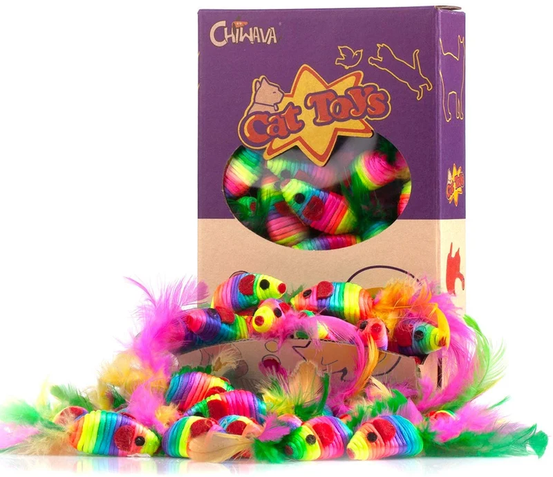 Chiwava - Juego de juguetes interactivos para gatos de juguete de 5 pulgadas, con cuerda de arcoíris y plumas, 24 unidades, varios colores