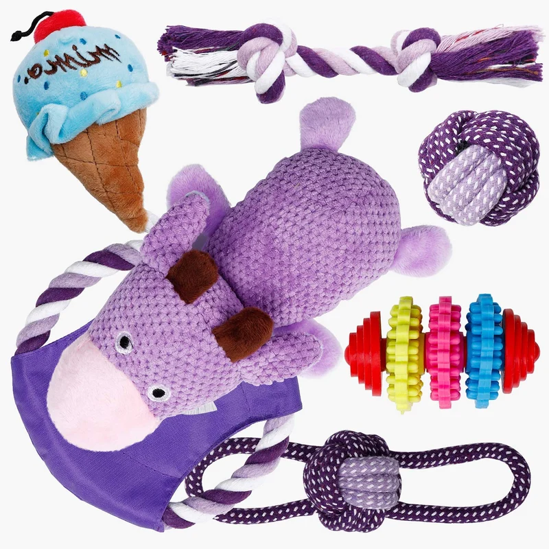 Juguetes para cachorros Toozey Paquete de 7 juguetes duraderos para perros pequeños. Juguetes de cuerda de masticar para perros y juguetes de masticar de peluche con bolsa de lavandería. Juguete de algodón natural para perros pequeños y cachorros